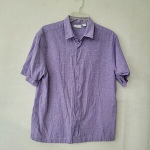 Cafe Luna Shirt Men L Purple Damask Linen Short Sleeve Camp Shirt Beach Colorful